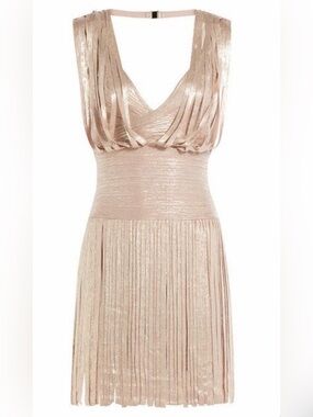 Herve Leger bandage mini dress / fringe detail / rose gold / champagne XS